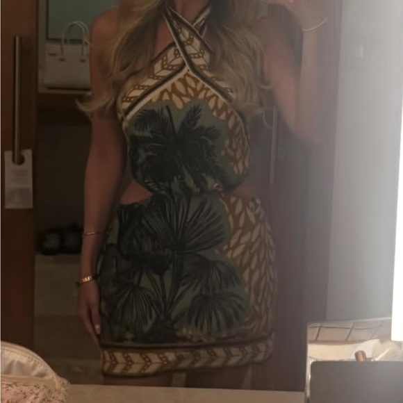 Johanna Ortiz Olive Green Palm-Print Cutout Mini Dress